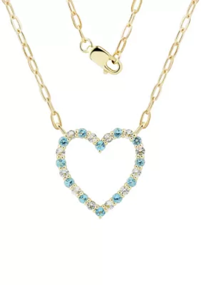 Swiss Blue Topaz and White Topaz Heart Necklace in 10K Yellow Gold