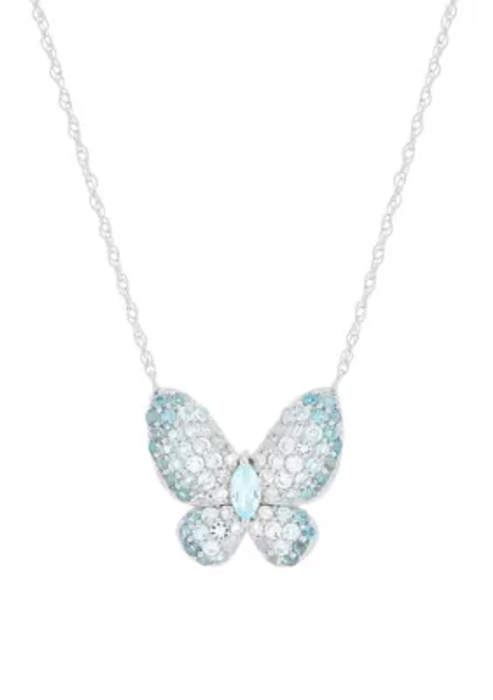 1/10 ct. t.w. Diamond, Swiss Blue Topaz, Sky Blue Topaz, London Blue Topaz Butterfly Necklace in 10K White Gold