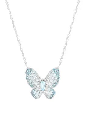 1/10 ct. t.w. Diamond, Swiss Blue Topaz, Sky Blue Topaz, London Blue Topaz Butterfly Necklace in 10K White Gold