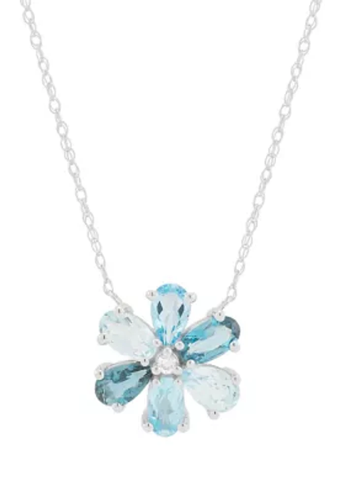 Diamond Accent and Multi Blue Topaz Necklace in 10K White Gold