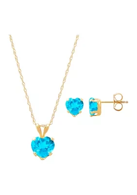 Swiss Blue Topaz Heart Necklace and Earring Set in 10K Yellow Gold