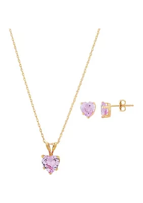 Lab Created Pink Sapphire Heart Necklace and Earring Set in 10K Yellow Gold