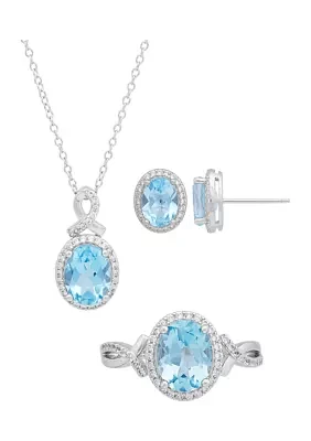 Sky Blue Topaz and Created White Sapphire Earrings/Necklace/Ring Set in Sterling Silver