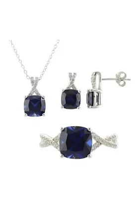 Lab Created Sapphire and White Sapphire Earring, Ring, and Necklace Set in Sterling Silver