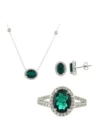 Lab Created Emerald and White Sapphire Earring, Ring, and Necklace Set in Sterling Silver