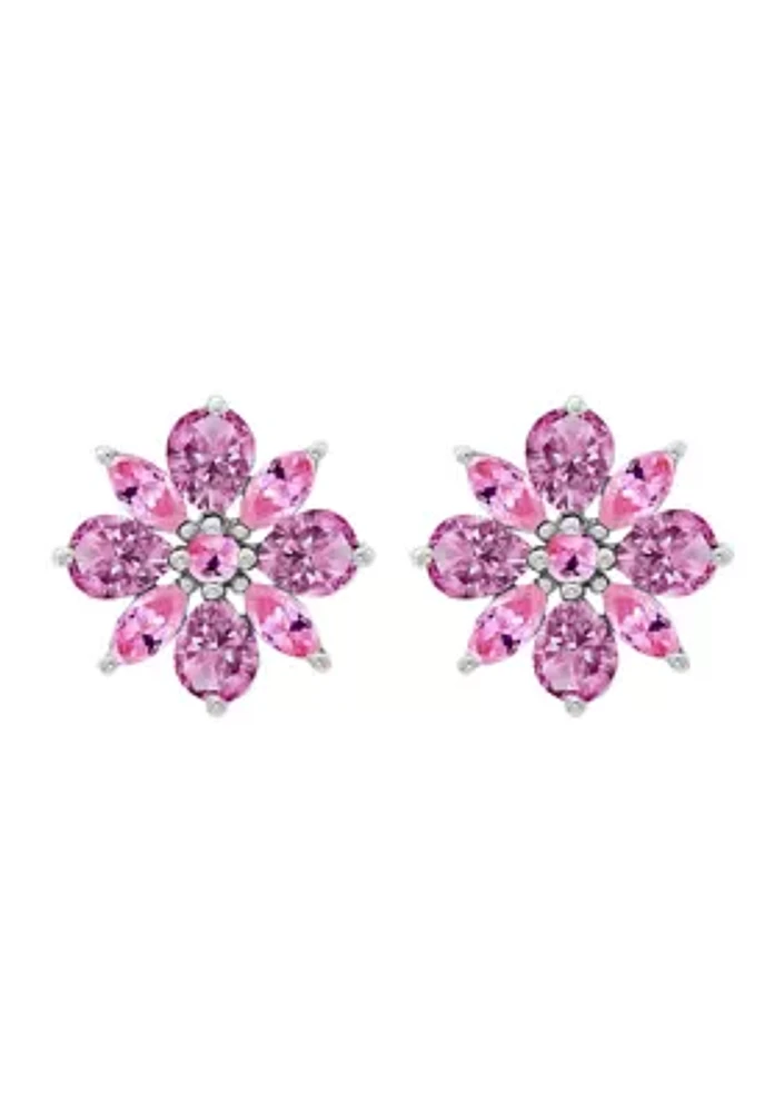 Pink Amethyst and Lab Created Pink Sapphire Flower Stud Earrings in Sterling Silver