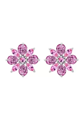 Pink Amethyst and Lab Created Pink Sapphire Flower Stud Earrings in Sterling Silver