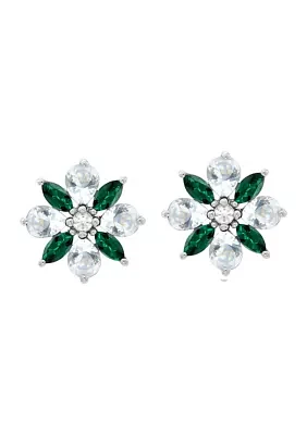 Lab Created Emerald and White Sapphire Flower Stud Earrings in Sterling Silver