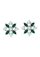 Lab Created Emerald and White Sapphire Flower Stud Earrings in Sterling Silver