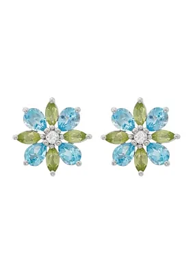 Swiss Blue Topaz, Peridot, and White Topaz Flower Earrings in Sterling Silver