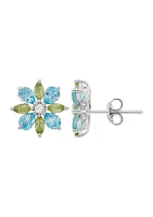 Swiss Blue Topaz, Peridot, and White Topaz Flower Earrings in Sterling Silver