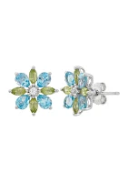 Swiss Blue Topaz, Peridot, and White Topaz Flower Earrings in Sterling Silver