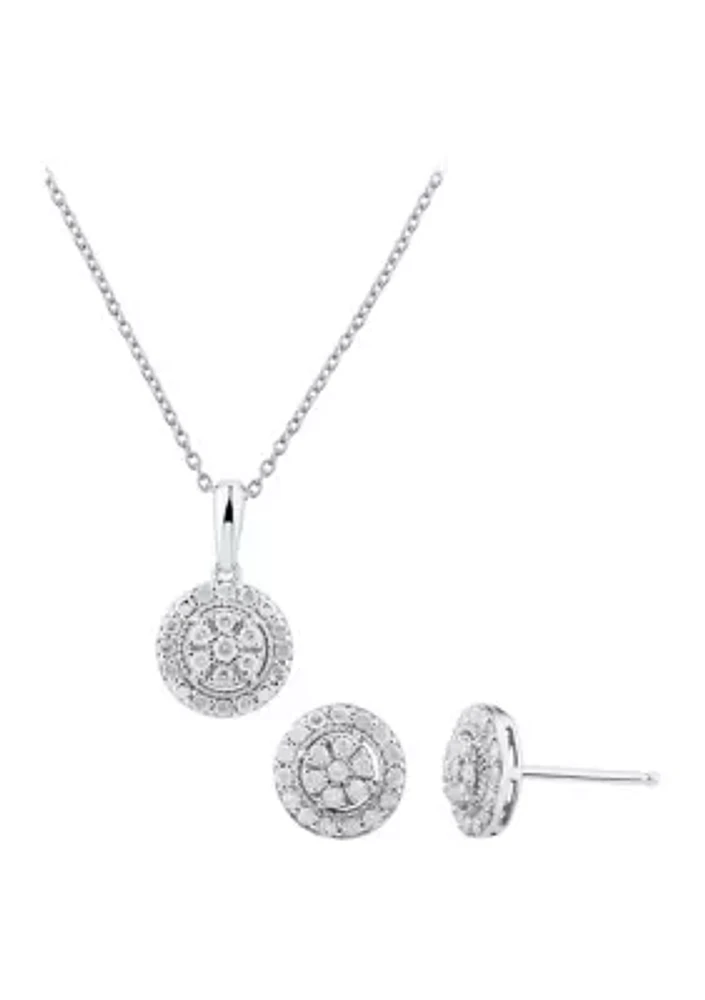 1/2 ct. t.w. Diamond Earrings and Pendant Necklace with 18" Cable Chain in Sterling Silver