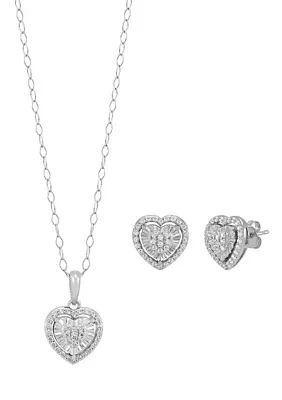 1/2 ct. t.w. Diamond Heart Earrings and Pendant with 18" Cable Chain Set in Sterling Silver