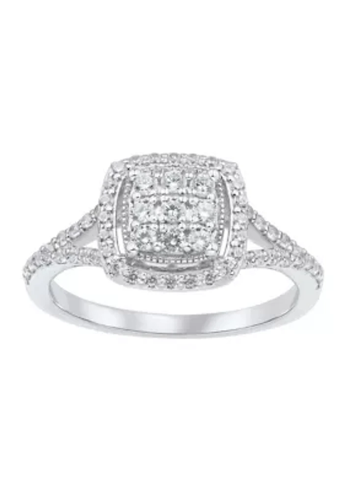 1/2 ct. t.w. Lab Grown Diamond Halo Ring in Sterling Silver