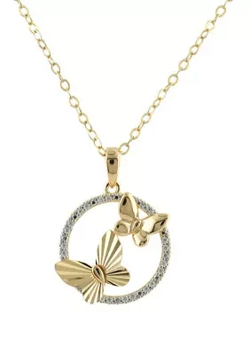 1/10 ct. t.w. Diamond Butterfly on Circle Pendant Necklace with 18" Cable Chain in Gold Over Sterling Silver