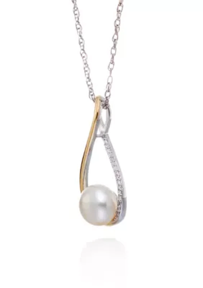 Freshwater Pearl & Diamond Pendant in 14K Yellow Gold & Sterling Silver