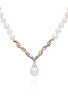 Freshwater Pearl and Diamond Necklace in Sterling Silver and 14k Yellow Gold