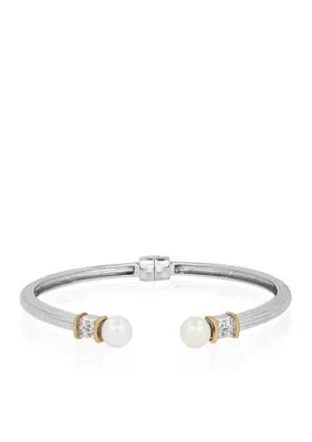 Freshwater Pearl & White Topaz Bangle in Sterling Silver & 14K Yellow Gold