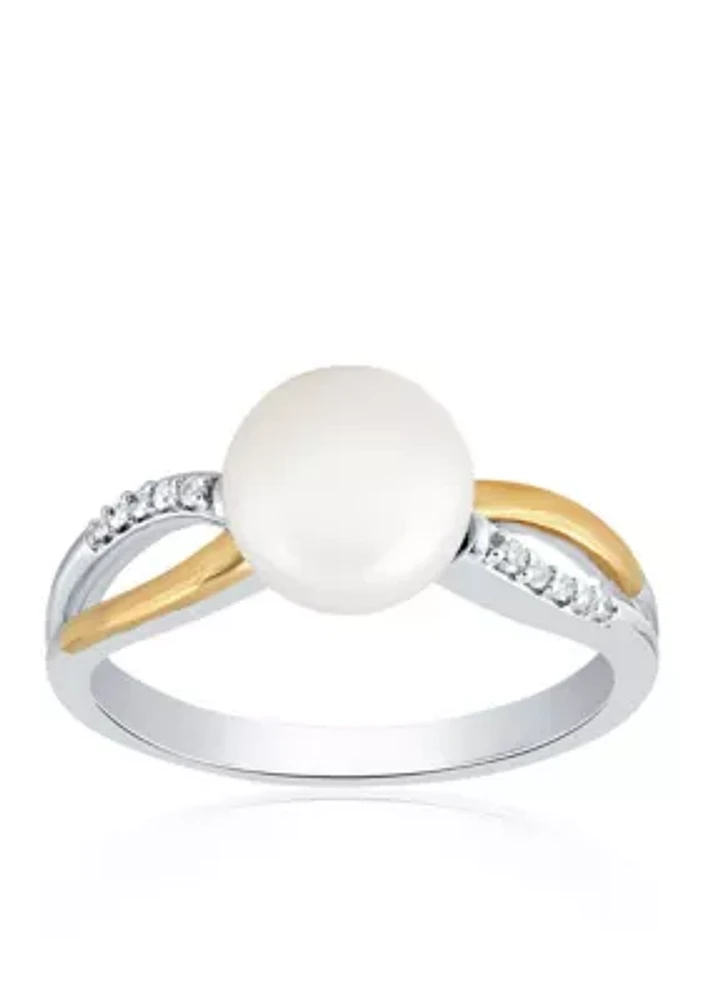 Freshwater Pearl & Diamond Ring in Sterling Silver & 14K Yellow Gold