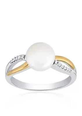 Freshwater Pearl & Diamond Ring in Sterling Silver & 14K Yellow Gold