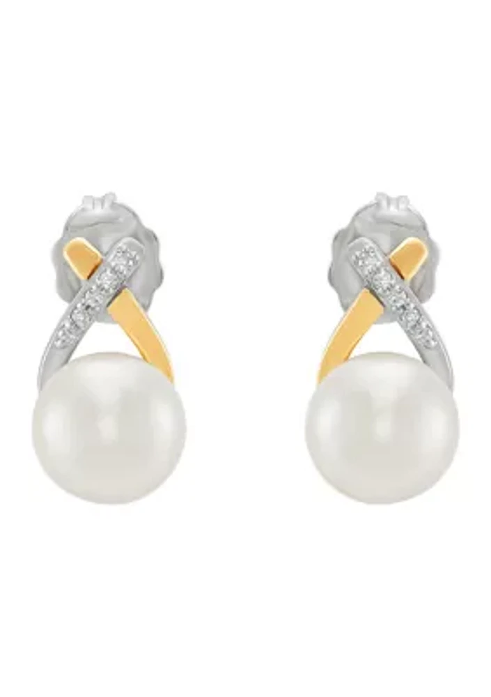 Freshwater Pearl & Diamond Stud Earrings in Sterling Silver & 14K Yellow Gold