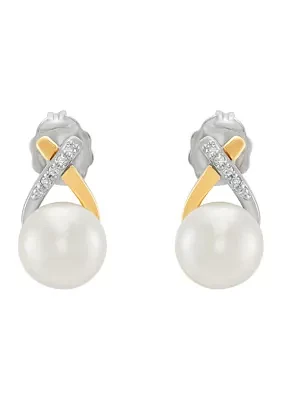 Freshwater Pearl & Diamond Stud Earrings in Sterling Silver & 14K Yellow Gold