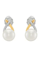 Freshwater Pearl & Diamond Stud Earrings in Sterling Silver & 14K Yellow Gold