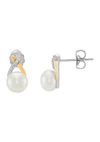 Freshwater Pearl & Diamond Stud Earrings in Sterling Silver & 14K Yellow Gold