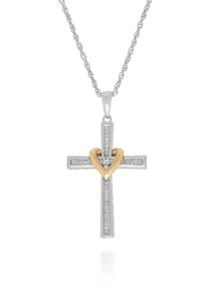 0.10 ct. t.w. Diamond Cross/Heart Pendant in Sterling Silver & 10K Yellow Gold