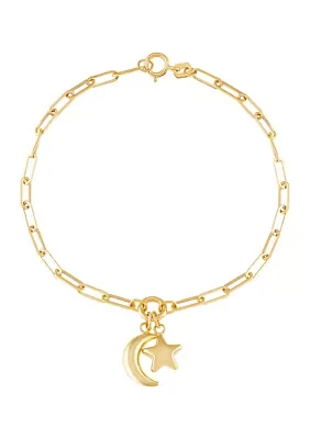 Moon and Star Paperclip Bracelet in 14K Yellow Gold