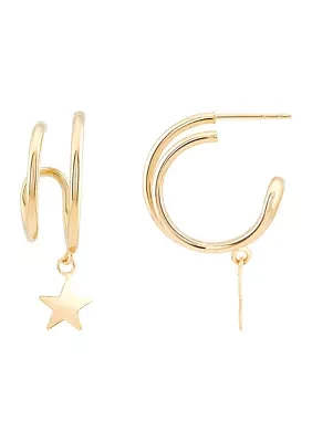 Double Illusion Tube Hoop with Dangle Star Earrings in 14K Yellow Gold