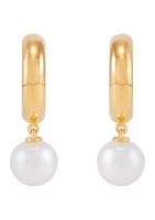 Round Pearl Dangling 3/4 Hoop Earrings in 14K Yellow Gold