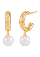 Round Pearl Dangling 3/4 Hoop Earrings in 14K Yellow Gold