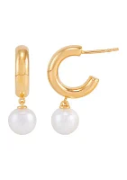 Round Pearl Dangling 3/4 Hoop Earrings in 14K Yellow Gold