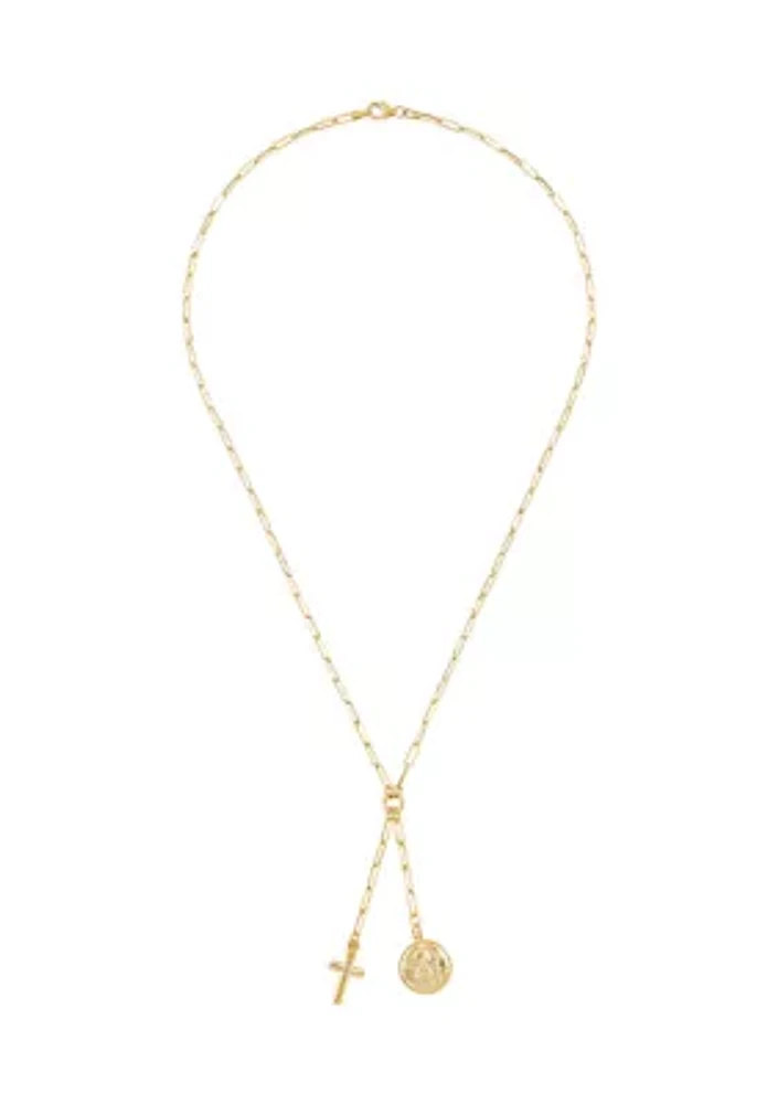 Disk with Angel and Cross Lariat Paperclip Necklace in 14K Yellow Gold