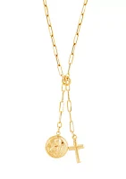 Disk with Angel and Cross Lariat Paperclip Necklace in 14K Yellow Gold