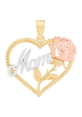 Heart with Mom and Rose Pendant in 14K Yellow and White Gold