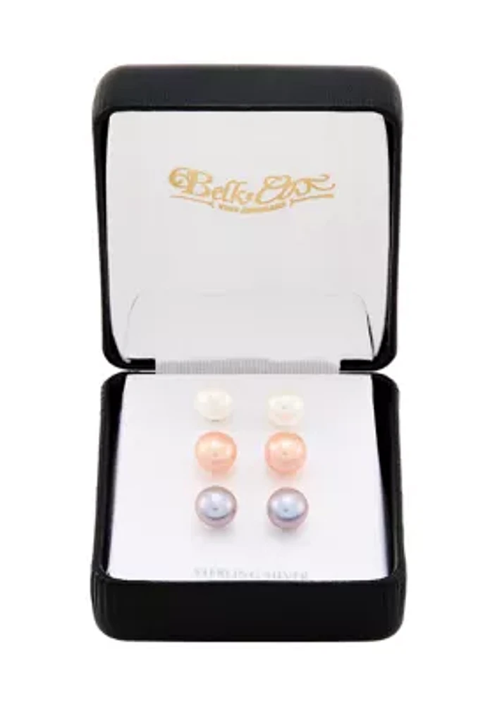 Button Pearl Stud Earrings Set in Sterling Silver