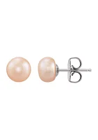Button Pearl Stud Earrings Set in Sterling Silver