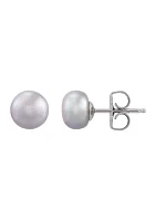 Button Pearl Stud Earrings Set in Sterling Silver