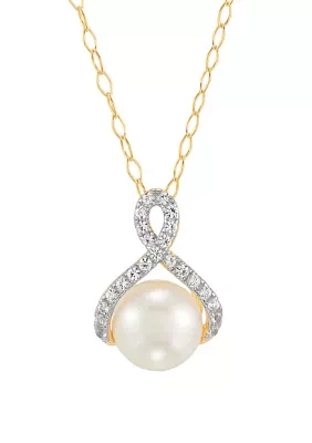 7-8.5 Millimeter Button Pearl and Lab Created White Sapphire Necklace and Earrings Set in Gold Plated Metal