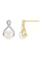 7-8.5 Millimeter Button Pearl and Lab Created White Sapphire Necklace and Earrings Set in Gold Plated Metal