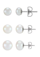 Button White Pearl Stud Earrings in Sterling Silver - Set of 3