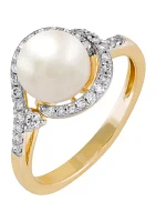 1/4 ct. t.w. Lab Grown Diamond and 8-8.5 Millimeter Button Pearl Ring in 10K Yellow Gold