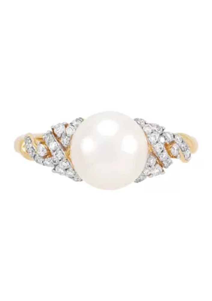 1/4 ct. t.w. Lab Grown Diamond and Round Pearl Ring in 10K Yellow Gold