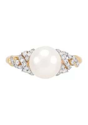 1/4 ct. t.w. Lab Grown Diamond and Round Pearl Ring in 10K Yellow Gold 