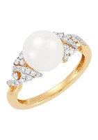 1/4 ct. t.w. Lab Grown Diamond and Round Pearl Ring in 10K Yellow Gold 