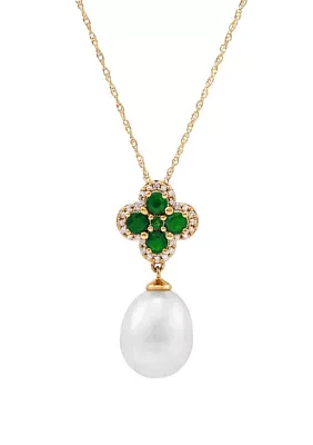 9 ct. Pearl with 0.5 ct. t.w. Emerald and 1/10 ct. t.w. Diamond Pendant Necklace in 10K Yellow Gold