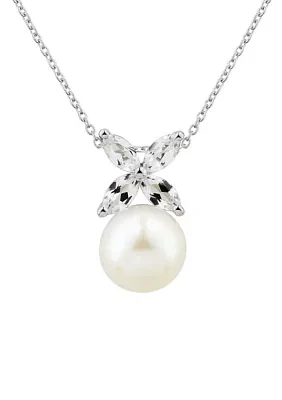 Pearl and Lab Created White Sapphire Necklace with 18" Cable Chain in Sterling Silver